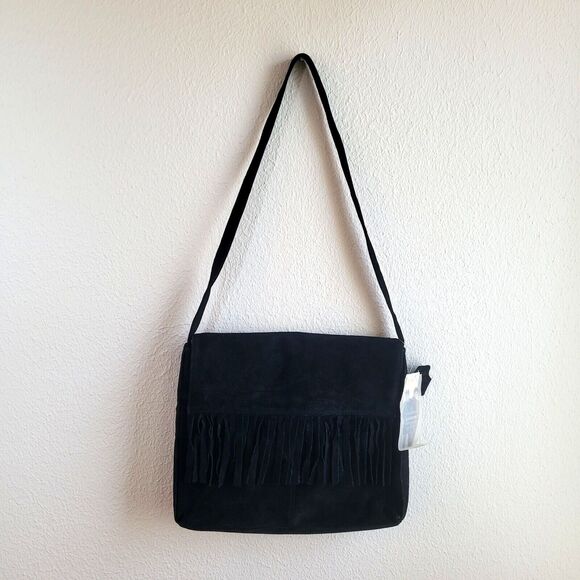 Vintage Boho Suede Fringe Purse Black Ward 1970s Style NEW FLAW READ - Picture 2 of 16